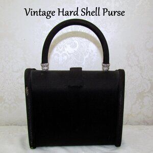 BLACK VINTAGE DORIAN HARD-SHELL HANDBAG, SILVER GLITTERY HANDLE BLING, SNAP SHUT